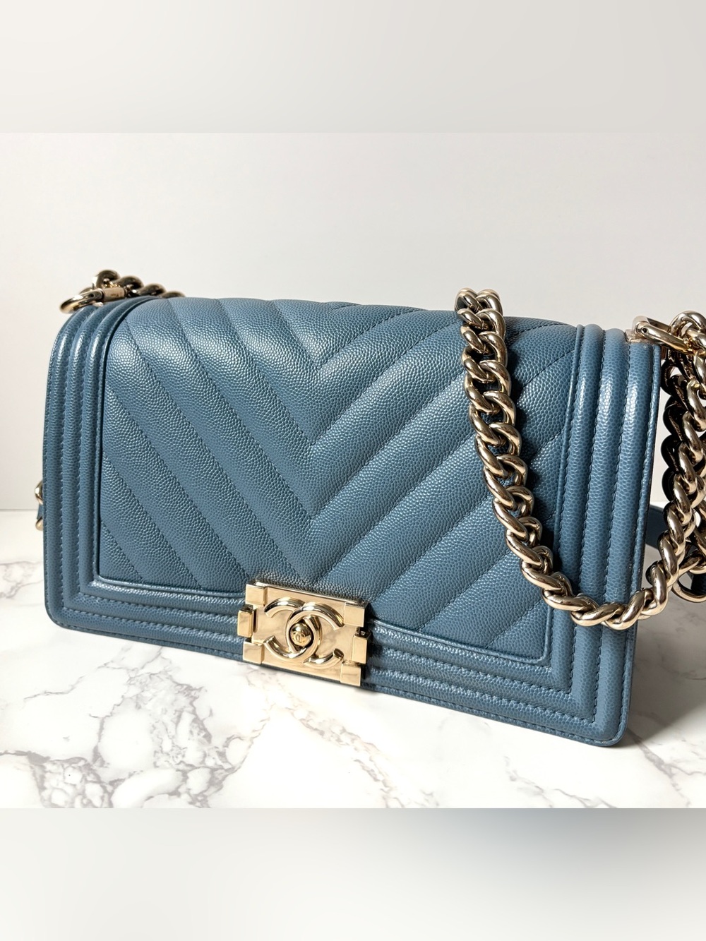 RARE CHANEL Boy Bag Old Medium in Caviar Chevron Denim Blue Gold Hardware $7400